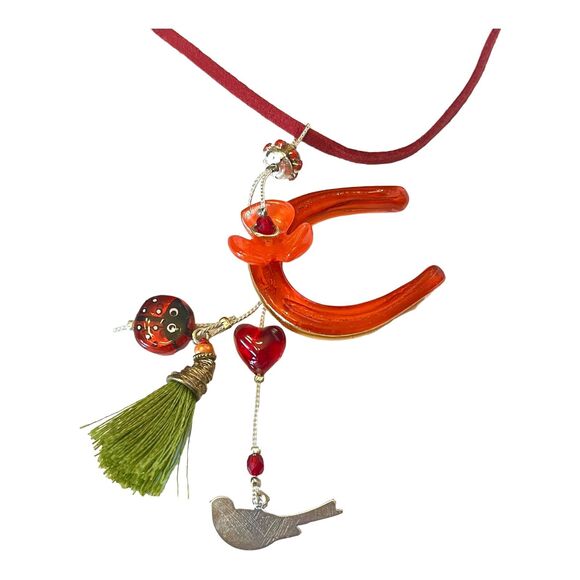 LALO Orna CHARM NECKLACE Resin Horseshoe Ladybug Silver Bird Red Leather 19-25" - Picture 3 of 6